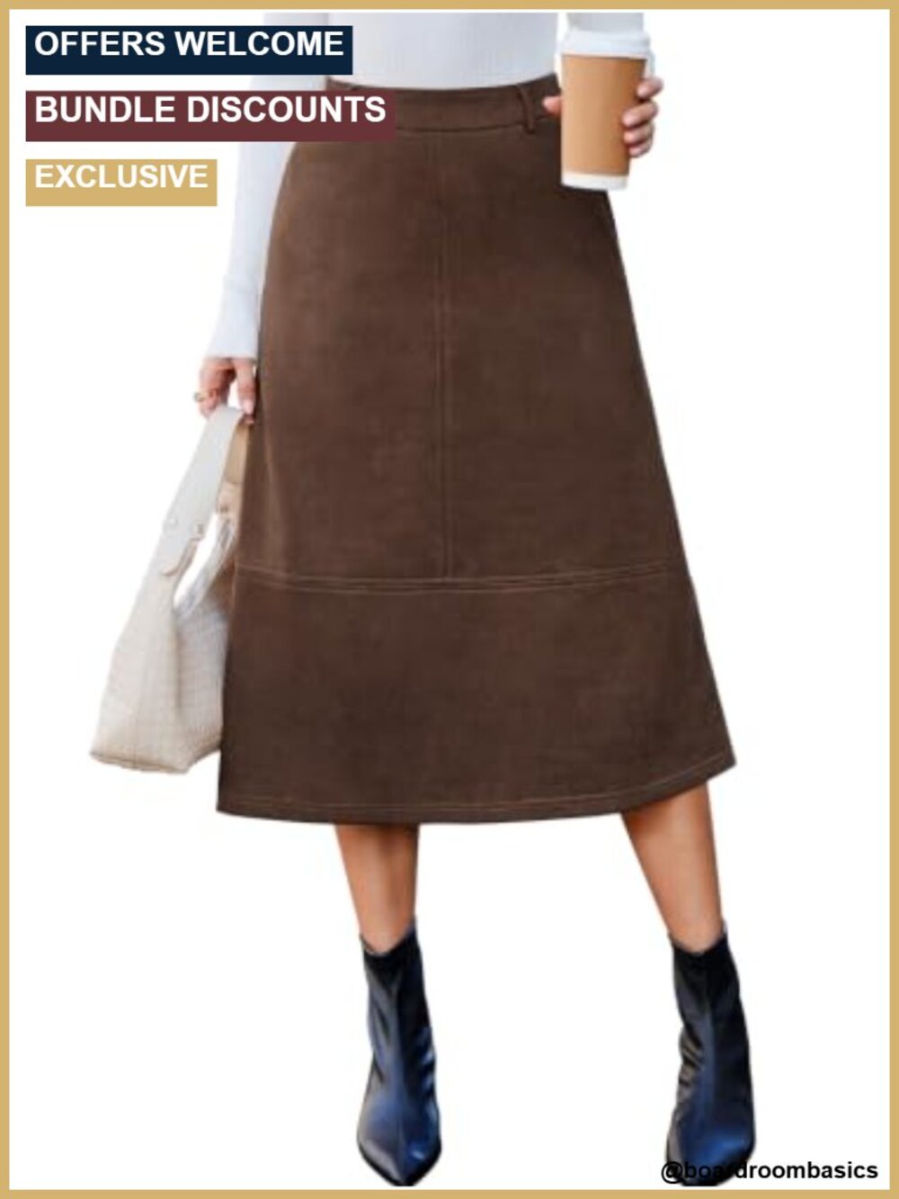 Women's Faux Suede A-Line Midi Skirt High Waisted Side Pockets Fall
